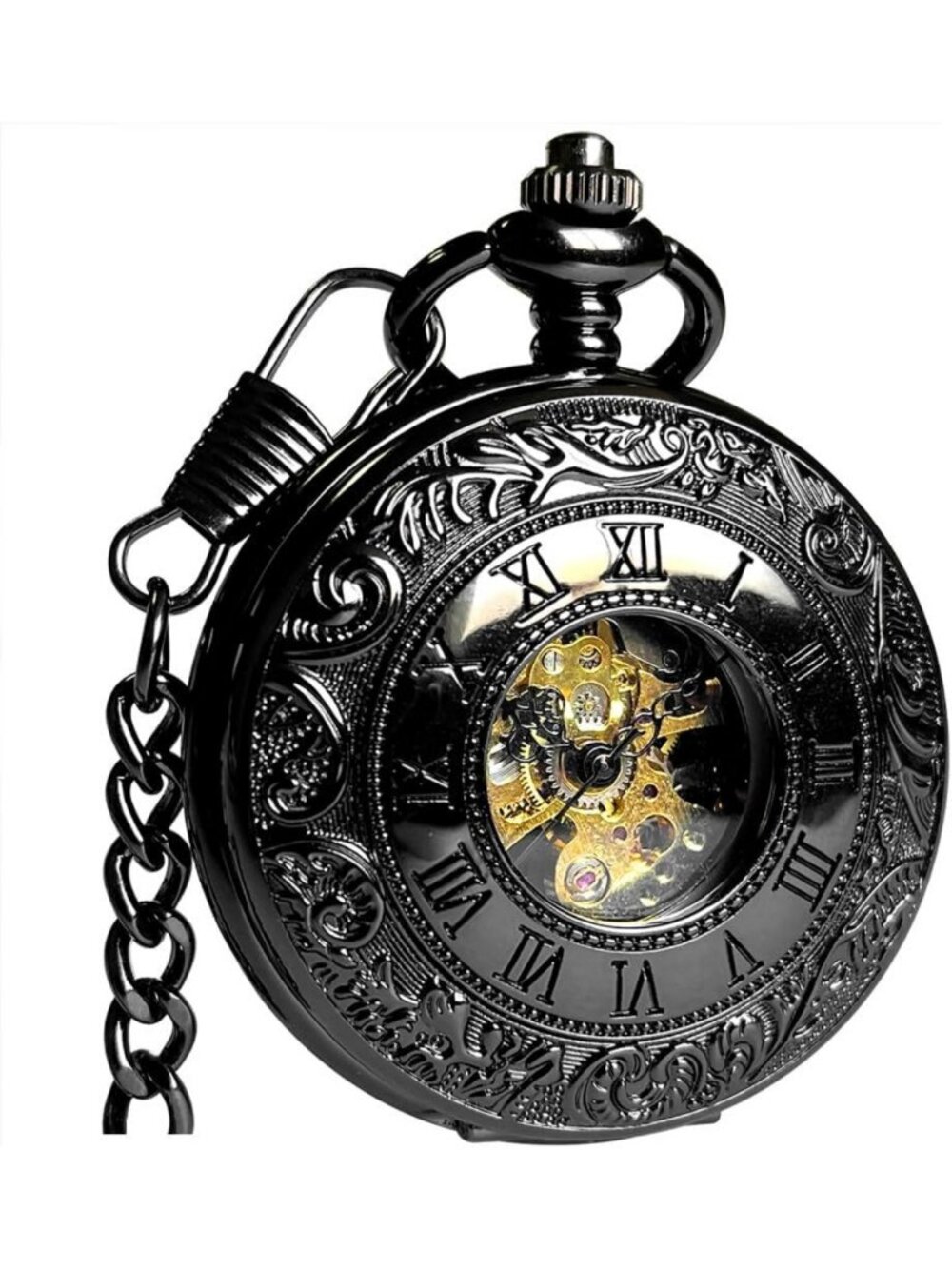 Stylish Skeleton Mechanical Pocket Watch for Men with Chain - Vintage Design